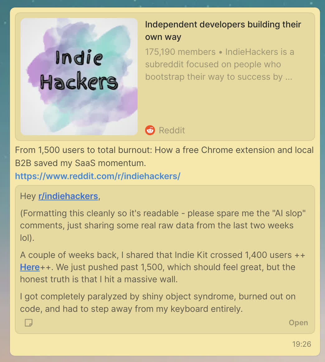 A saved Reddit thread in Luckynote with a personal note added below the clipped content